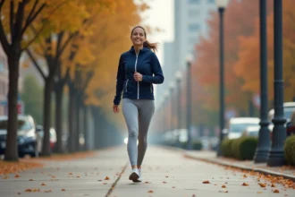 Femme marchant rapidement sur un trottoir urbain en tenue de sport, illustrant l'activité physique quotidienne et le comptage de pas