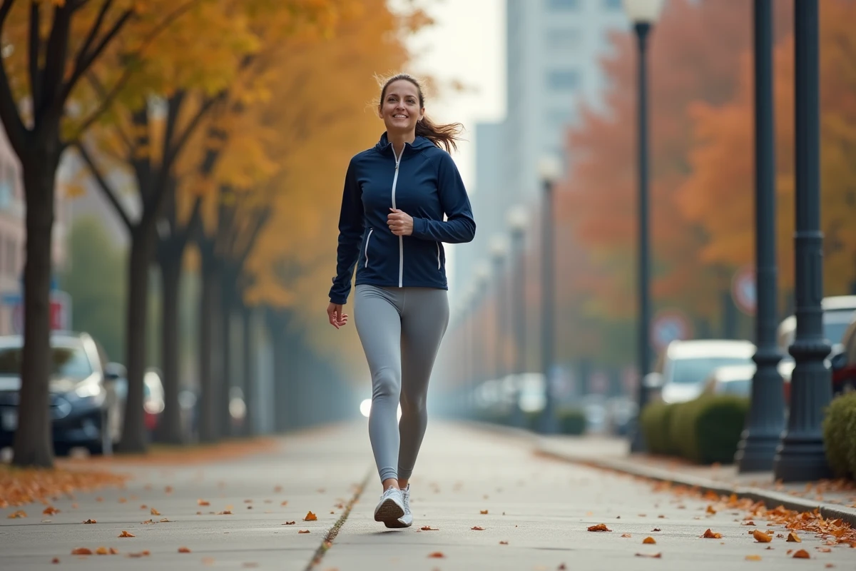 Femme marchant rapidement sur un trottoir urbain en tenue de sport, illustrant l'activité physique quotidienne et le comptage de pas