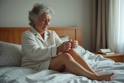 Femme d'âge moyen se massant la jambe dans son lit