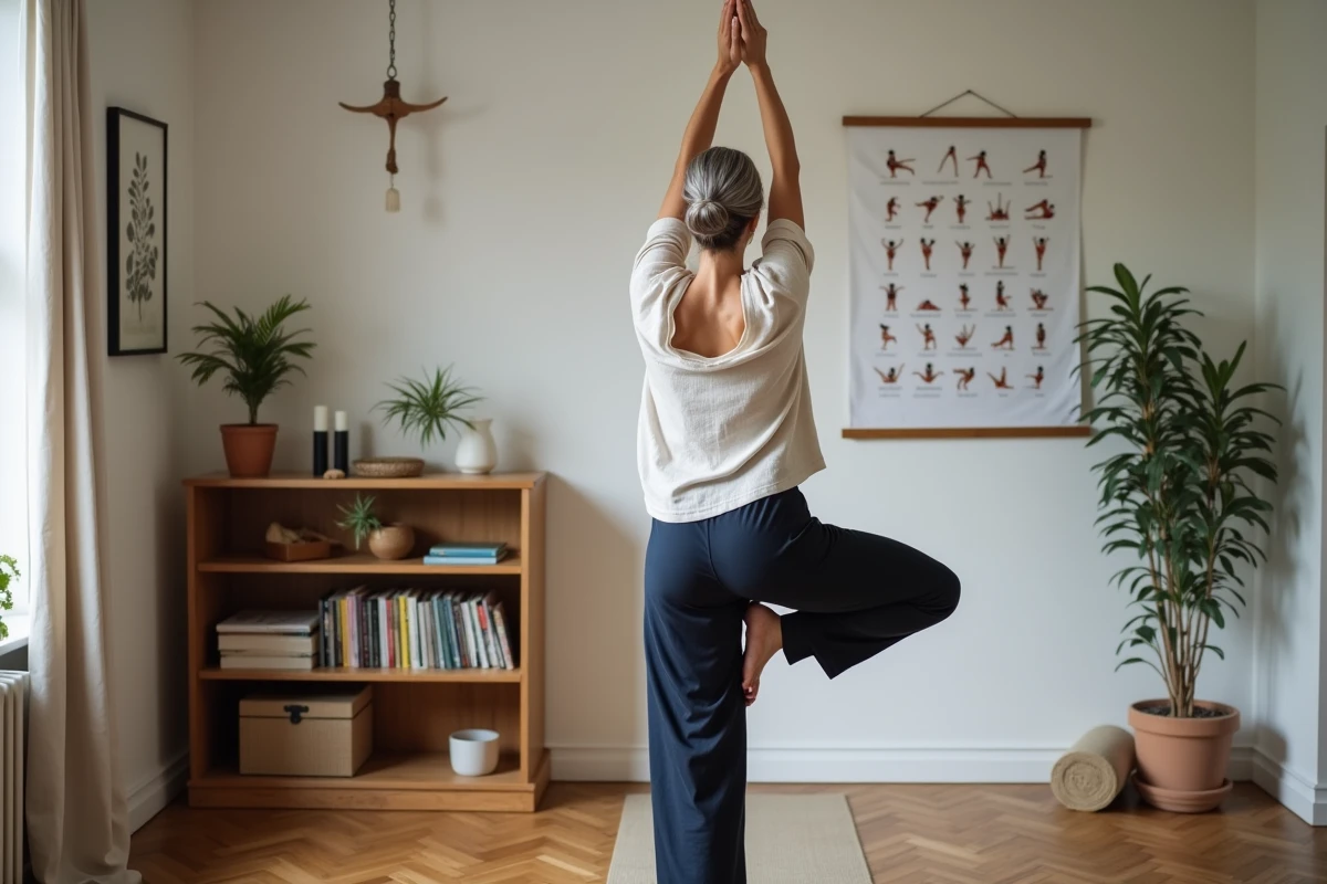 Femme mature en posture de l'arbre Vrksasana devant un tableau mural des postures yoga dans un espace de pratique à domicile chaleureux
