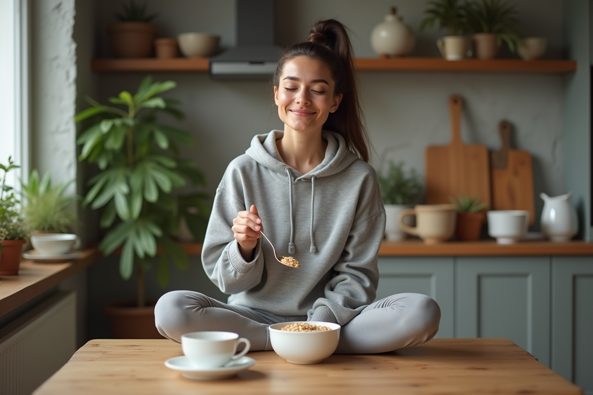 Jeune femme méditant avec bol de porridge dans une cuisine chaleureuse