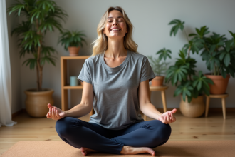 Femme en méditation yoga dans un salon cosy