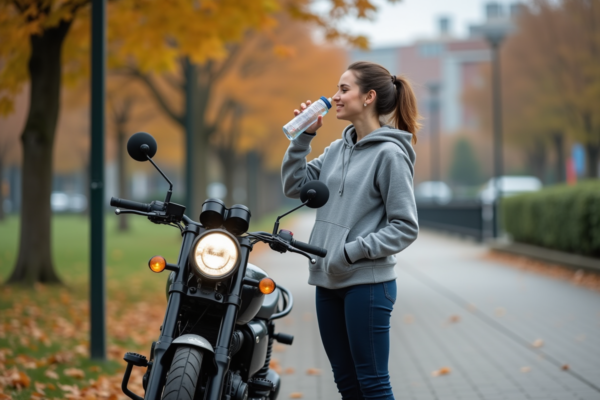 Femme souriante avec moto dans un parc urbain après une balade