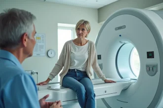 Femme d'âge moyen près d'un MRI dans une salle moderne