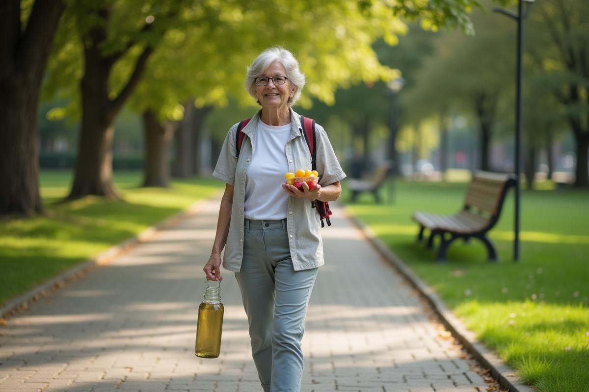 Femme active de 60 ans marche dans un parc avec fruits et bouteille d