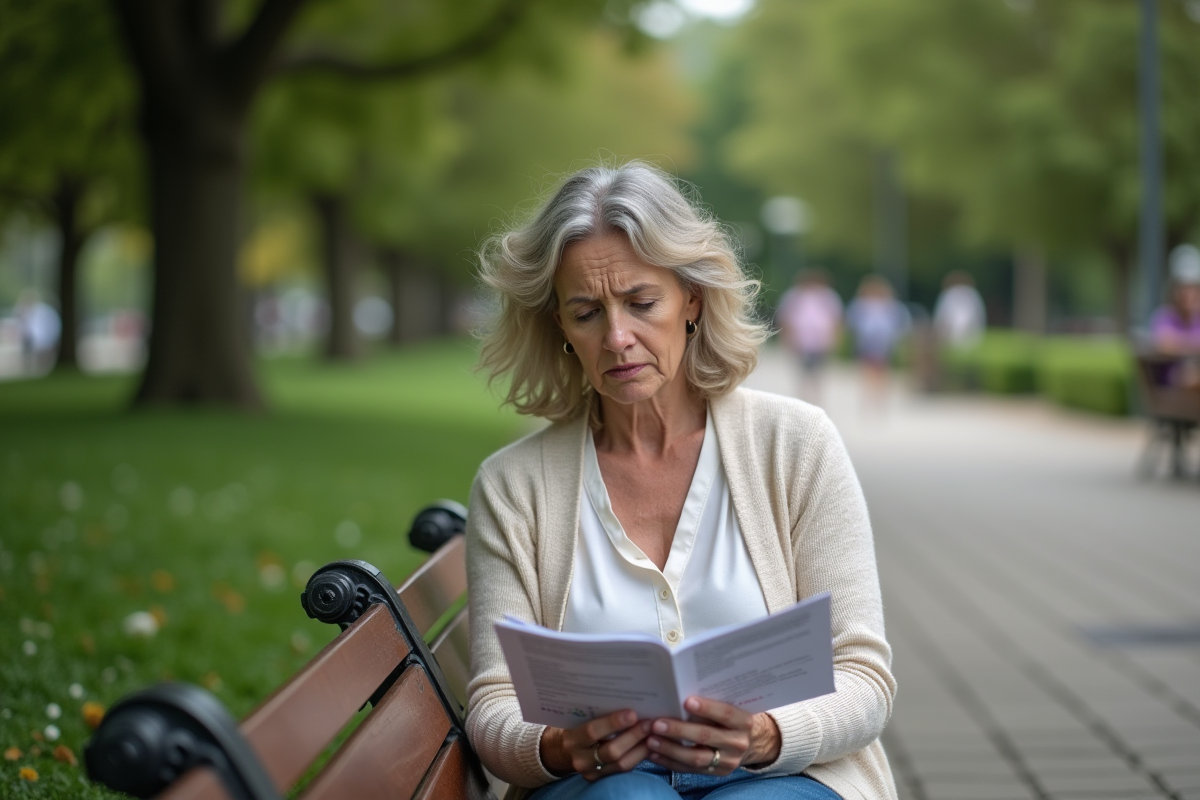 Femme lisant des brochures medicales dans un parc verdoyant
