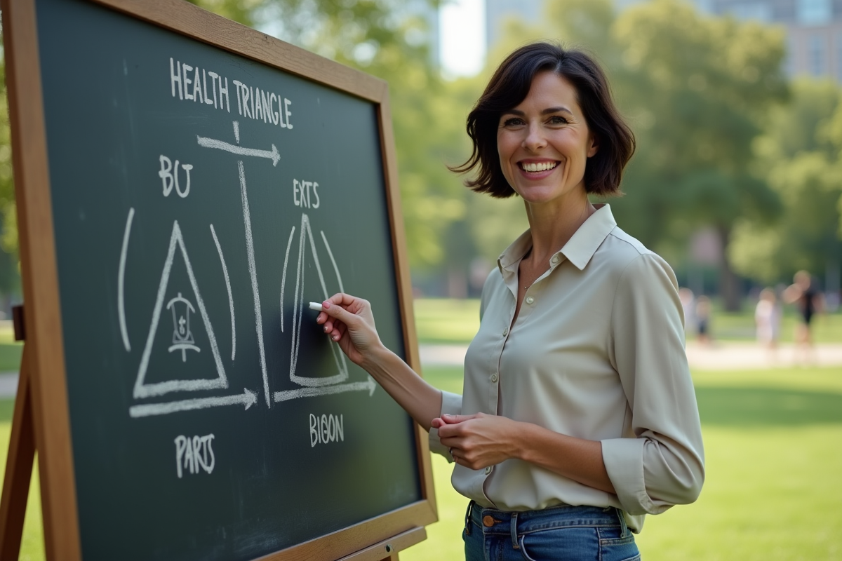 Femme dans un parc illustrant le triangle santé avec un tableau
