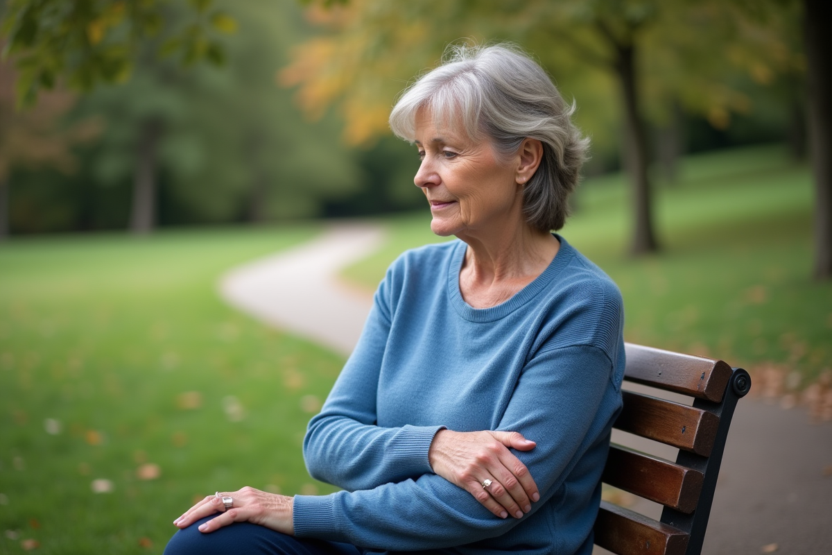 Femme assise dans un parc regarde son cicatrice