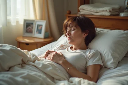 Femme reposant dans son lit avec portacath discret