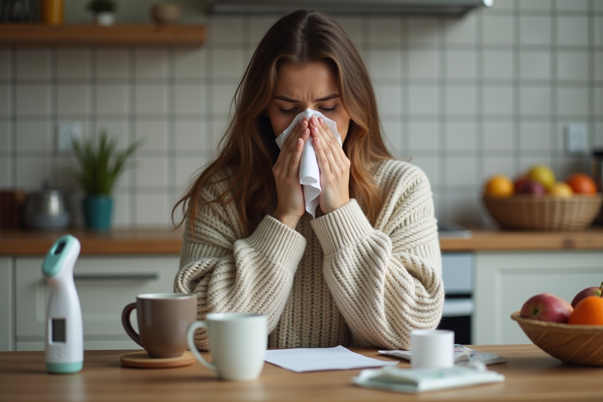 Jeune femme se mouchant avec expression préoccupée