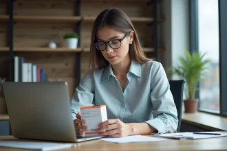 Jeune femme professionnelle examinant une boîte de médicament