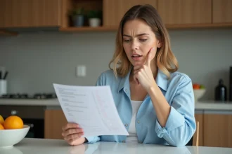 Femme lisant un résultat de test avec inquiétude dans la cuisine