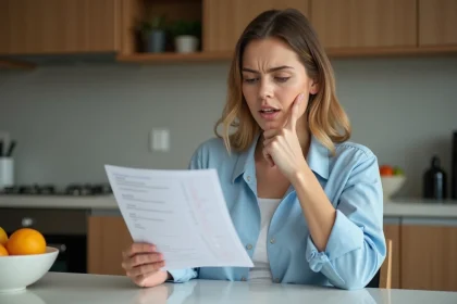 Femme lisant un résultat de test avec inquiétude dans la cuisine