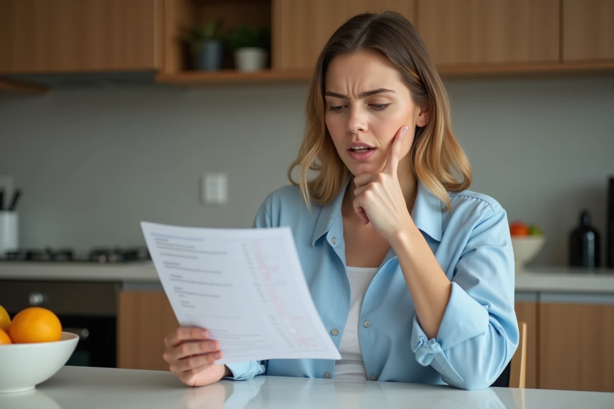 Femme lisant un résultat de test avec inquiétude dans la cuisine