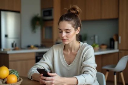 Femme pensive regardant son téléphone dans la cuisine