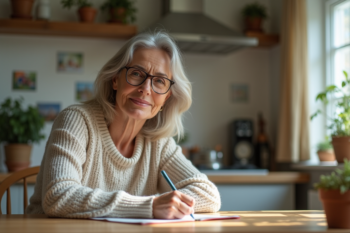 Femme d'âge moyen écrivant dans sa cuisine chaleureuse