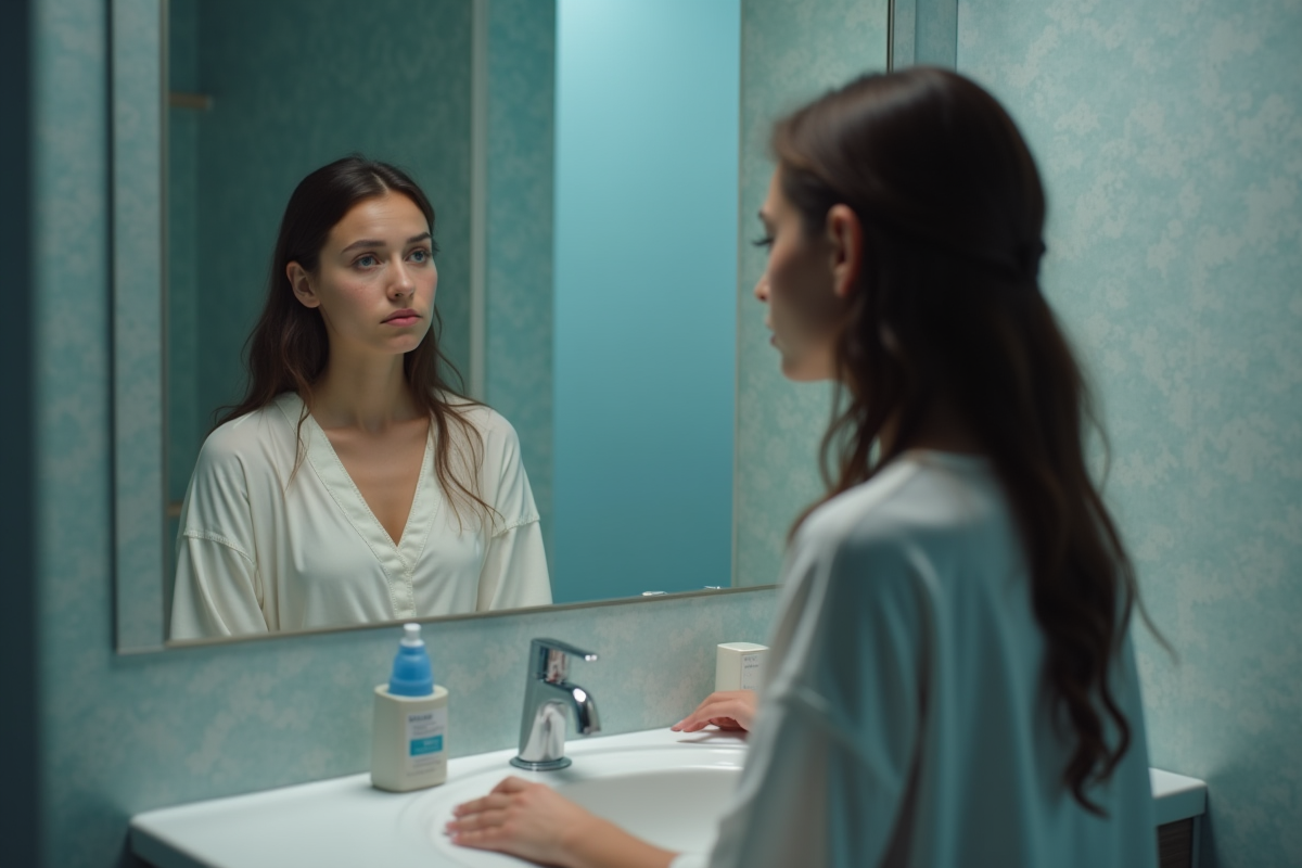 Jeune femme regardant son reflet dans le miroir de la salle de bain