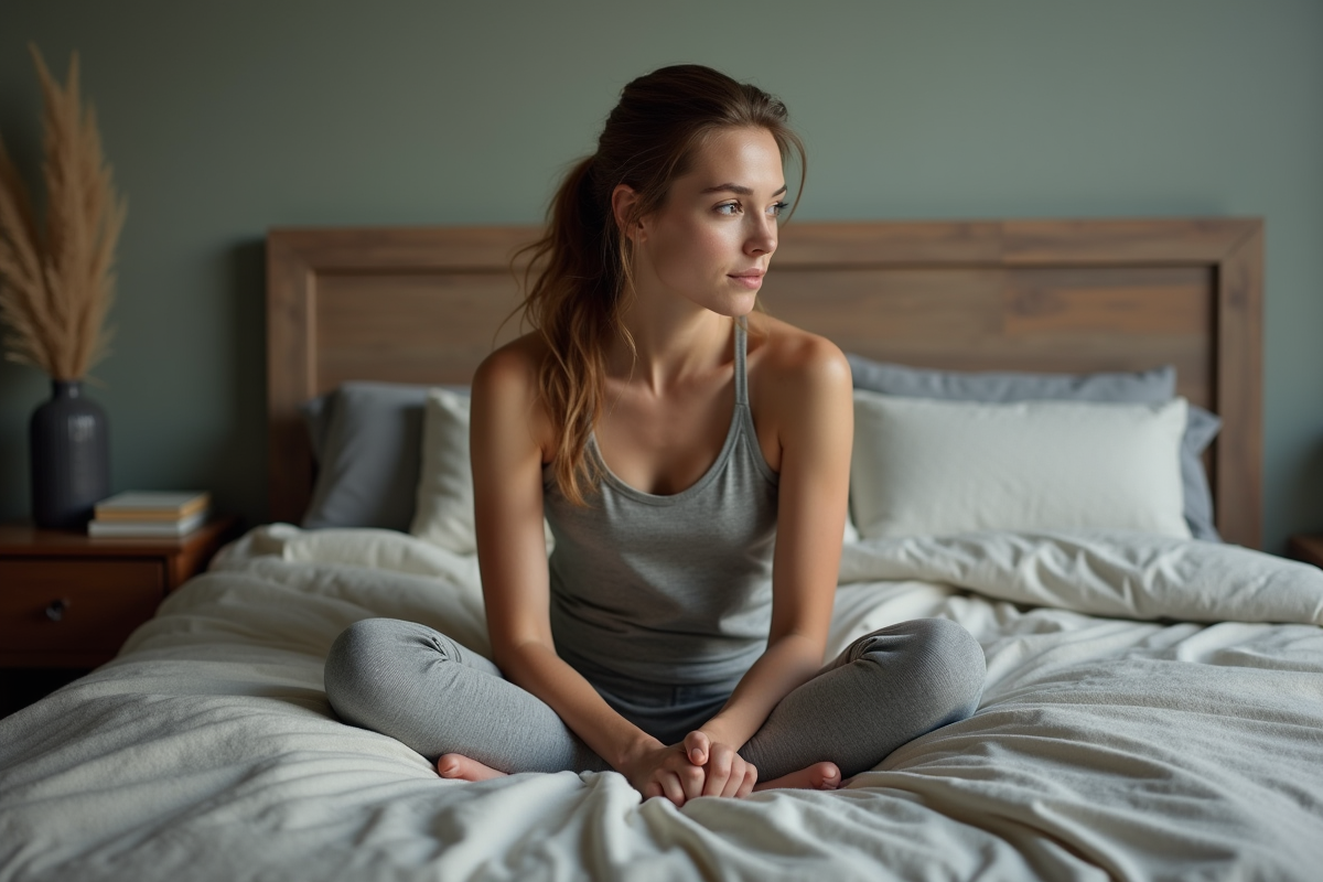 Femme en tenue confortable assise sur le lit en pleine réflexion