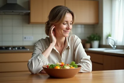 Femme sereine mangeant un repas équilibré à une table en bois dans une cuisine naturelle, illustrant la perte de poids sans régime strict