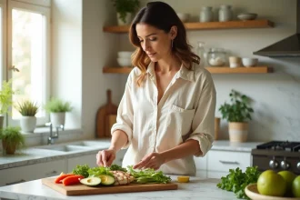 Femme préparant un repas low carb équilibré avec légumes frais et avocat dans une cuisine moderne
