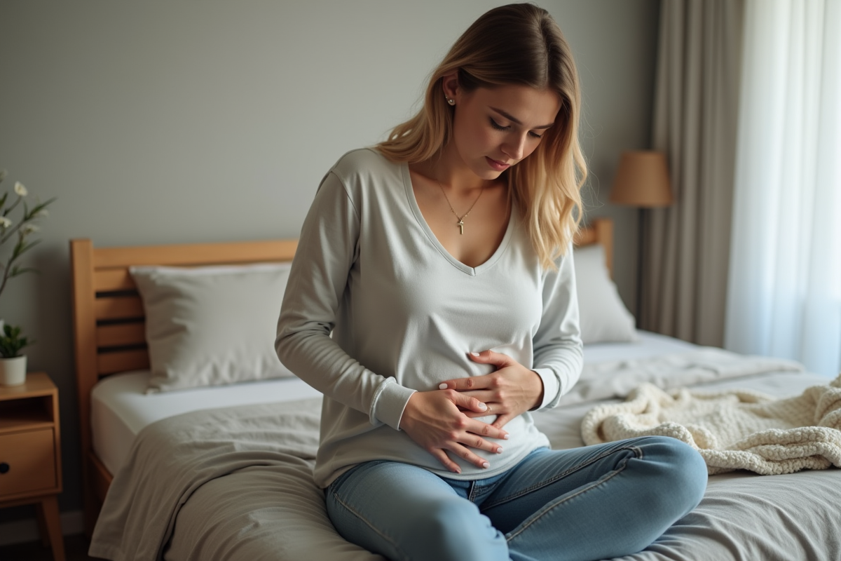 Femme assise sur le lit dans une chambre chaleureuse
