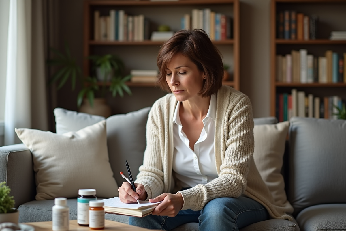 Femme d'âge moyen écrivant dans son journal de santé à la maison