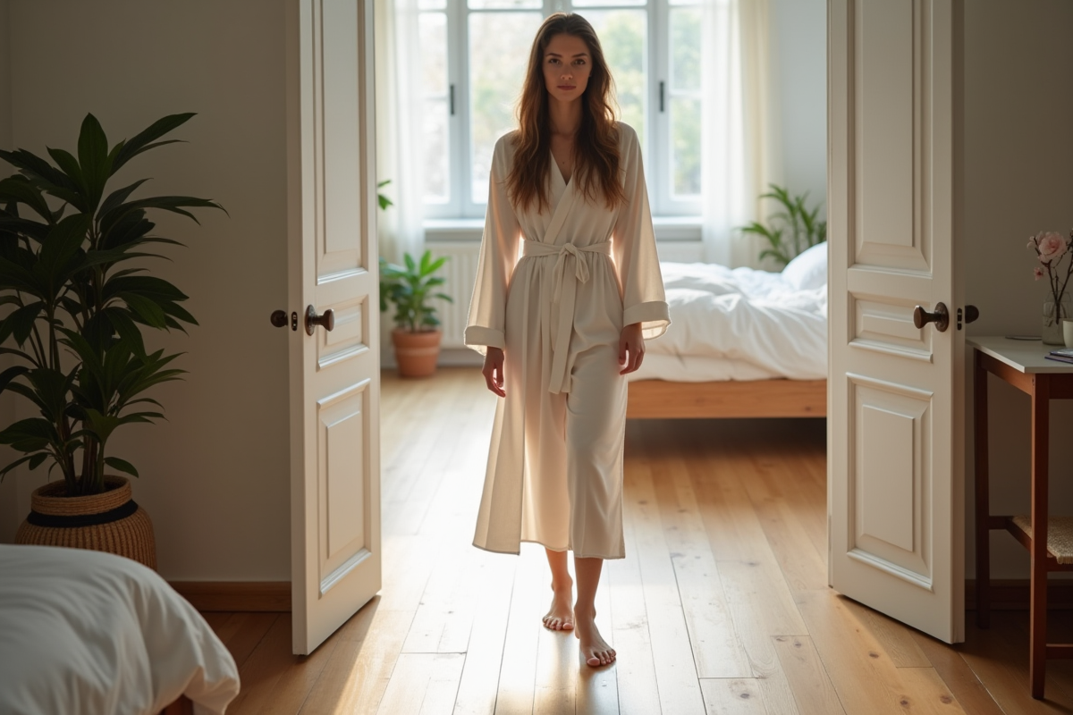 Jeune femme en robe à la porte de sa chambre