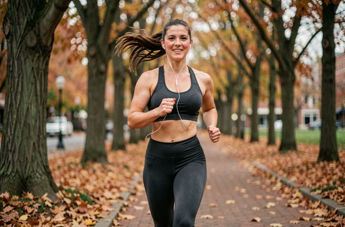 Femme qui court en plein air dans un parc en automne, illustrant la liberté de mouvement pendant les règles grâce au disque menstruel