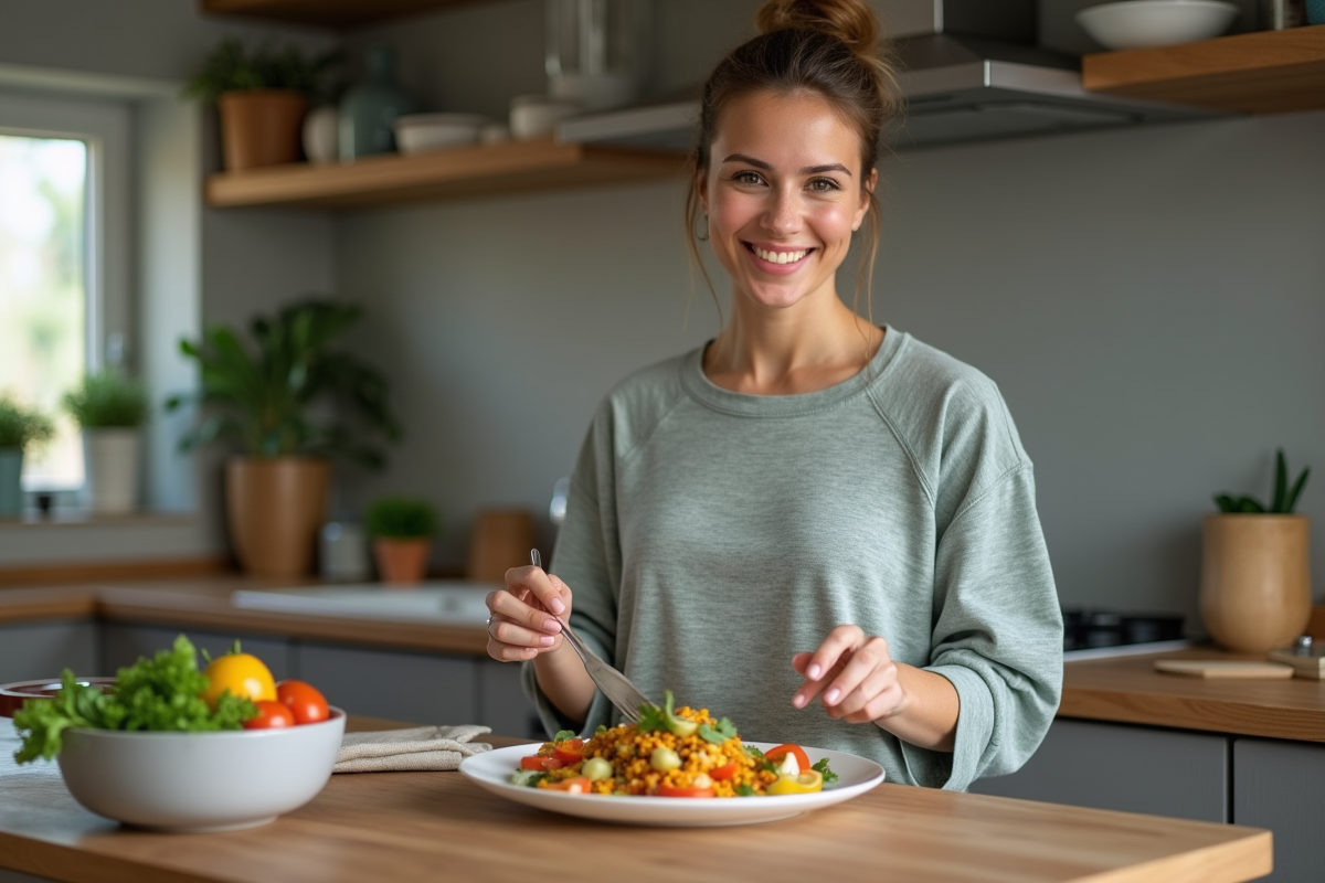 Femme souriante préparant une salade indienne dans la cuisine