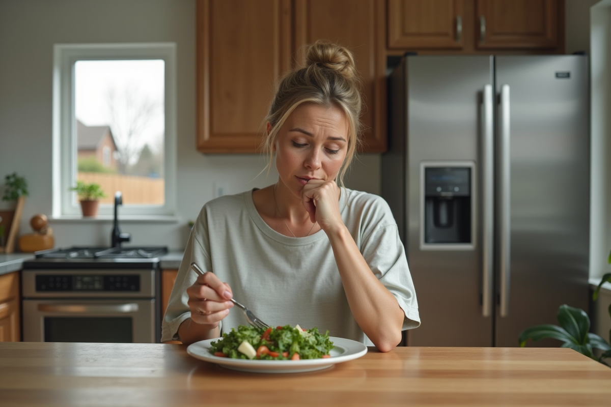 Femme pensant devant un plat de salade dans une cuisine moderne