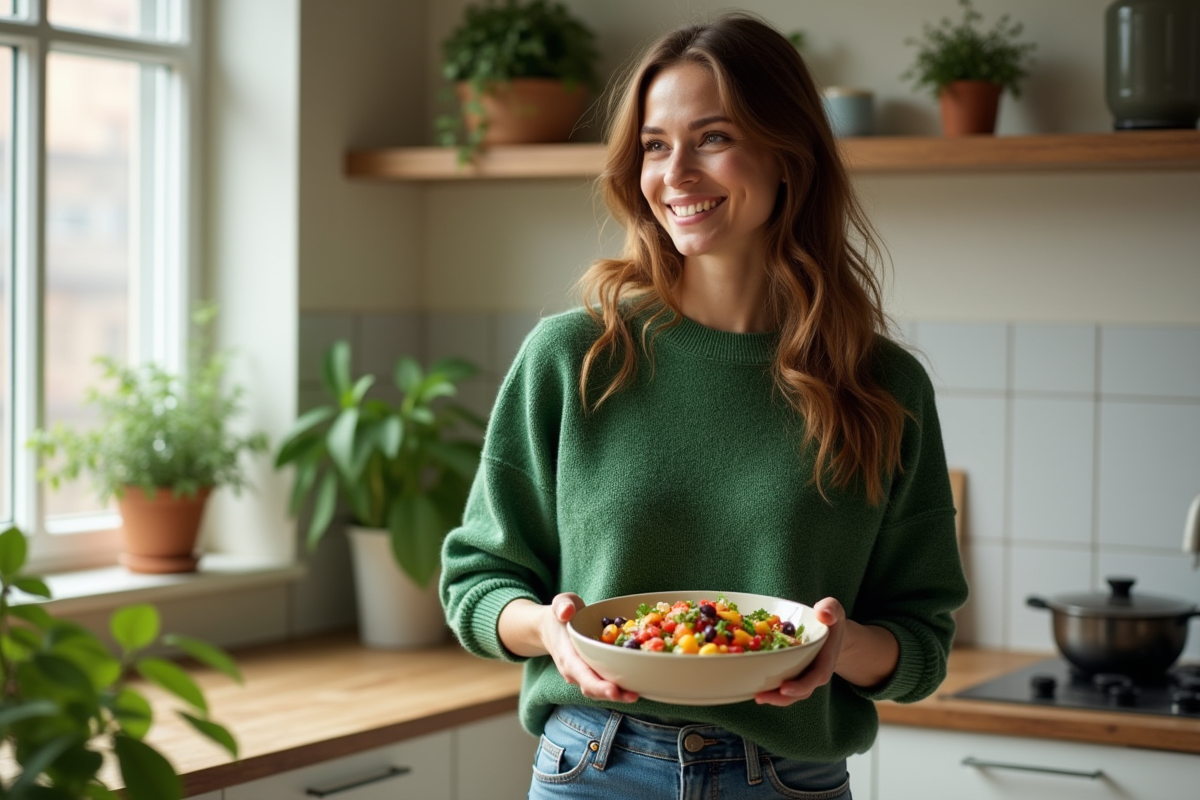 Jeune femme souriante avec salade vegan dans une cuisine lumineuse