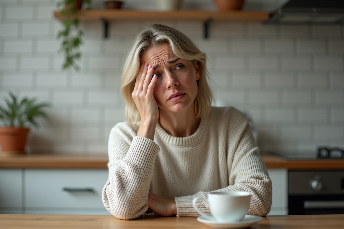 Femme d'âge moyen dans une cuisine moderne avec expression inquiète