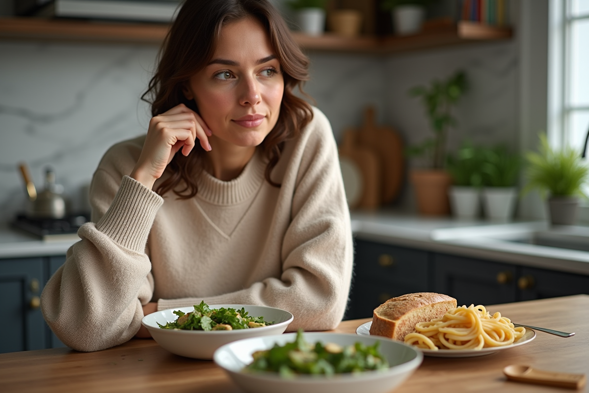 Femme réfléchissant à sa santé en mangeant une salade