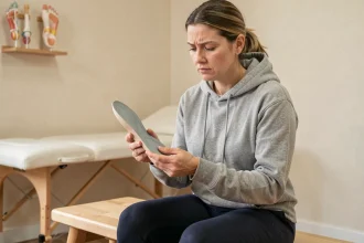 Femme examinant une semelle orthopédique Akusoli dans une clinique de physiothérapie, expression dubitative
