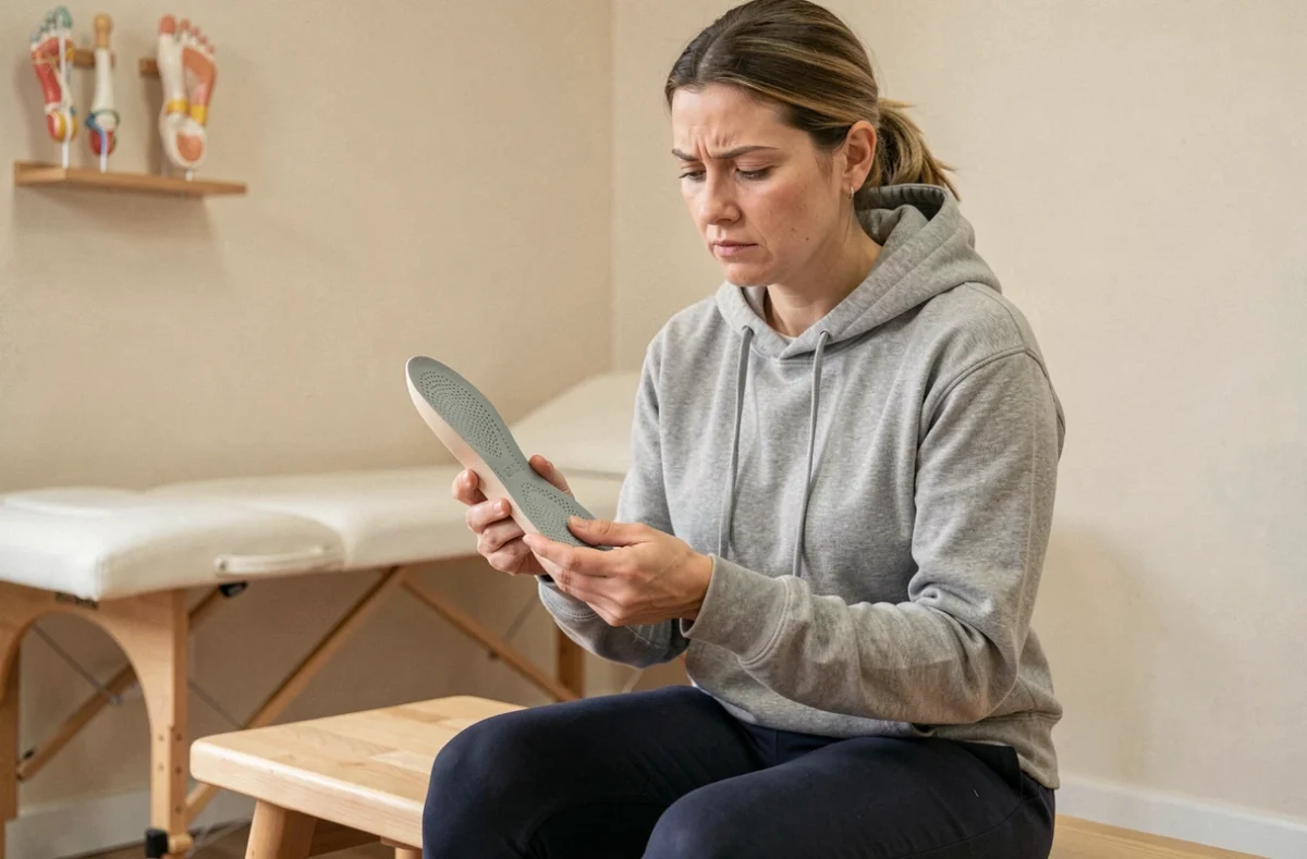 Femme examinant une semelle orthopédique Akusoli dans une clinique de physiothérapie, expression dubitative