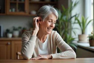 Femme senior ajustant un appareil auditif rechargeable derrière l'oreille à domicile
