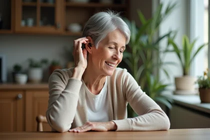 Femme senior ajustant un appareil auditif rechargeable derrière l'oreille à domicile