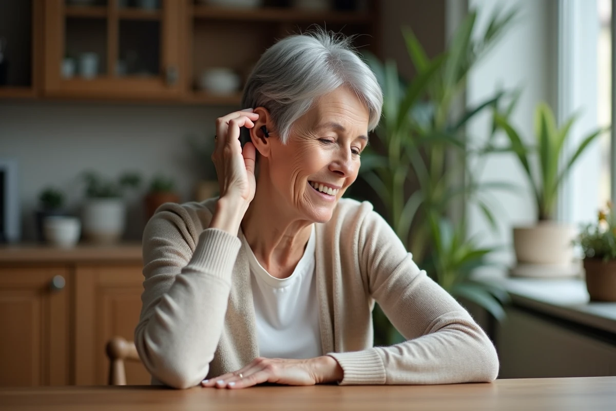 Femme senior ajustant un appareil auditif rechargeable derrière l'oreille à domicile