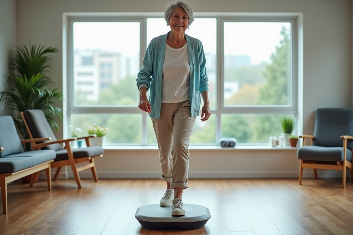 Femme senior en équilibre dans une salle de kiné moderne