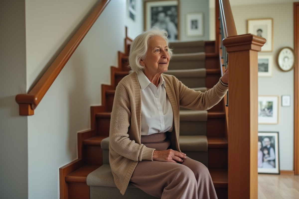 Femme senior assise sur un escalier intérieur