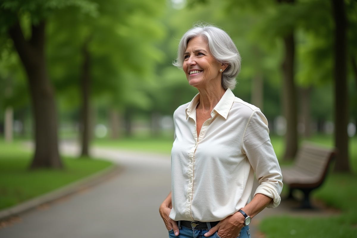 Femme de 62 ans debout dans un parc verdoyant