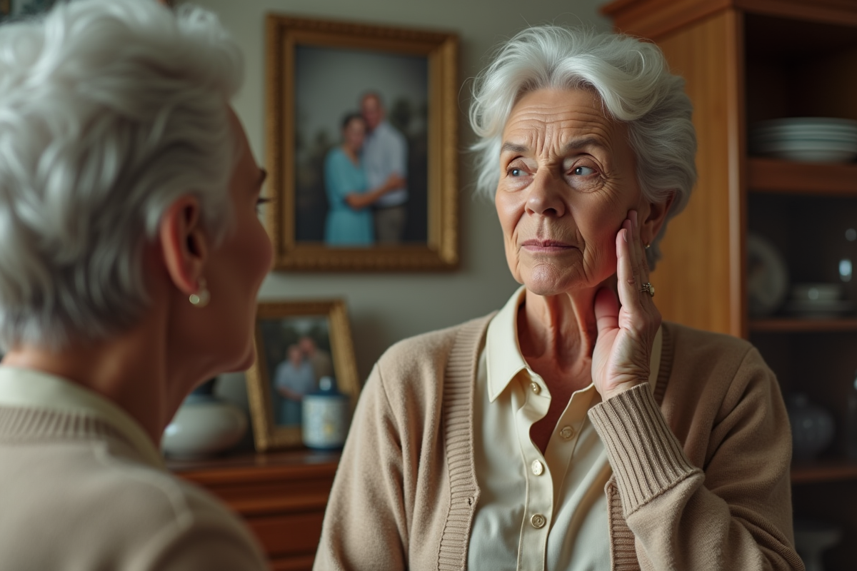 Femme senior regardant son reflet dans le miroir