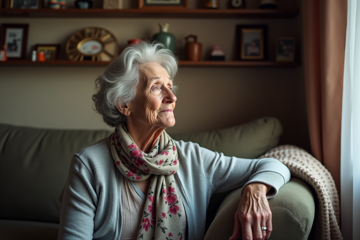Femme âgée assise pensivement dans un salon chaleureux