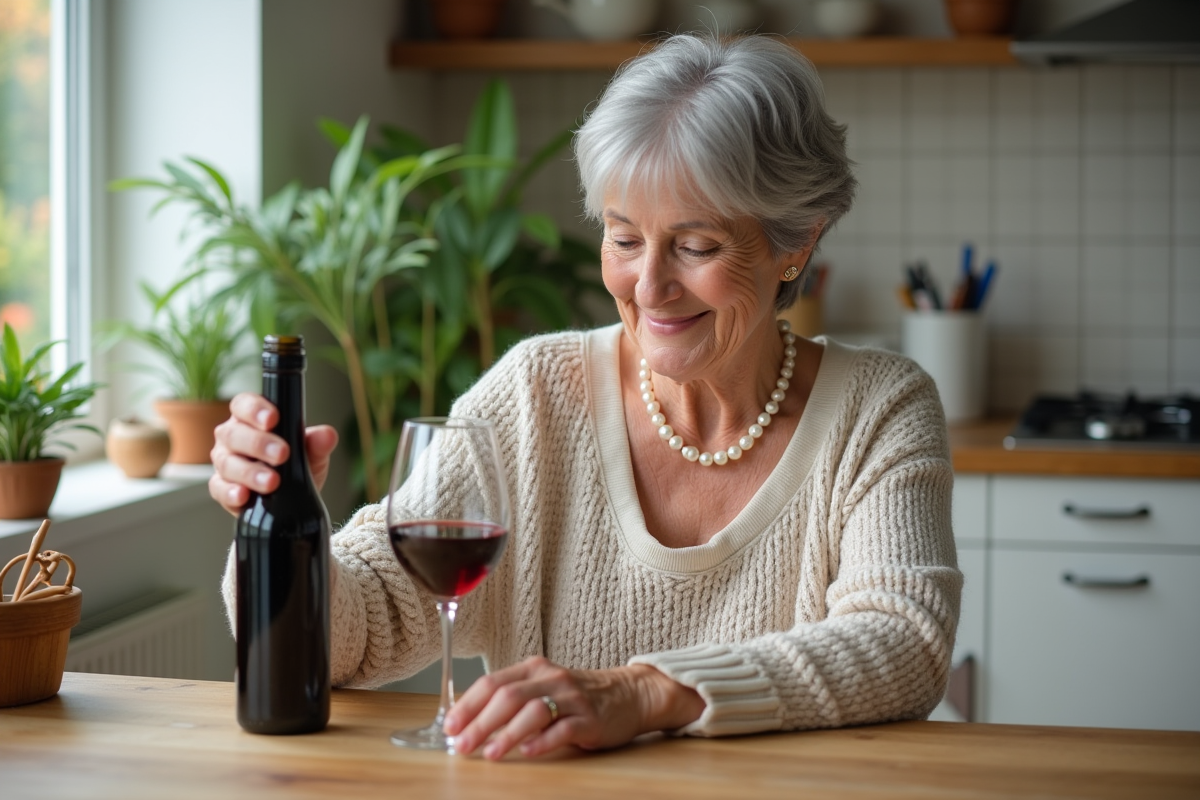 Femme senior versant un verre de vin rouge dans la cuisine lumineuse