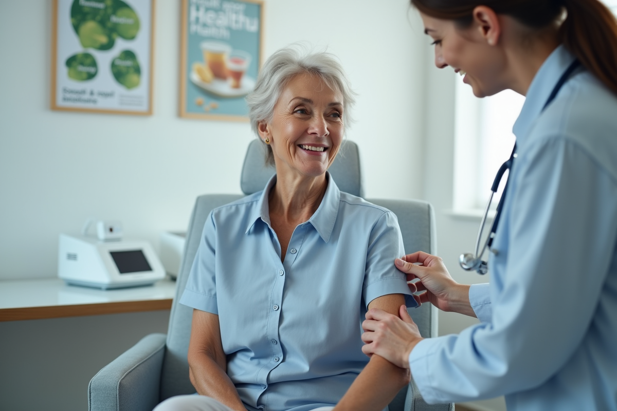 Femme d'âge moyen en blouse bleue lors d'un test médical