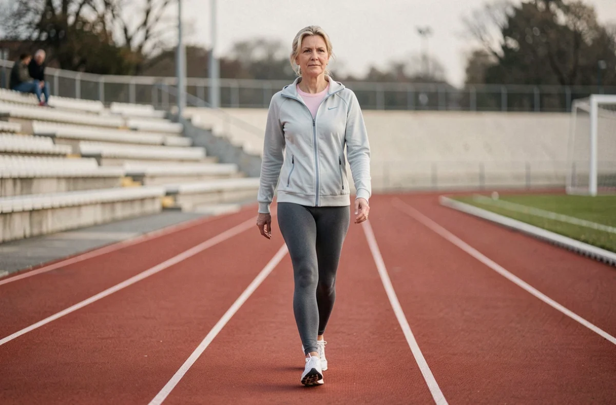Femme d'une soixantaine d'années marchant d'un pas soutenu sur une piste d'athlétisme, posture droite et expression déterminée, tenue de sport légère