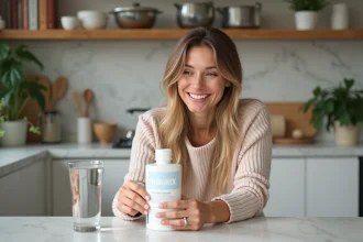 Femme souriante lisant une étiquette Nourix dans la cuisine