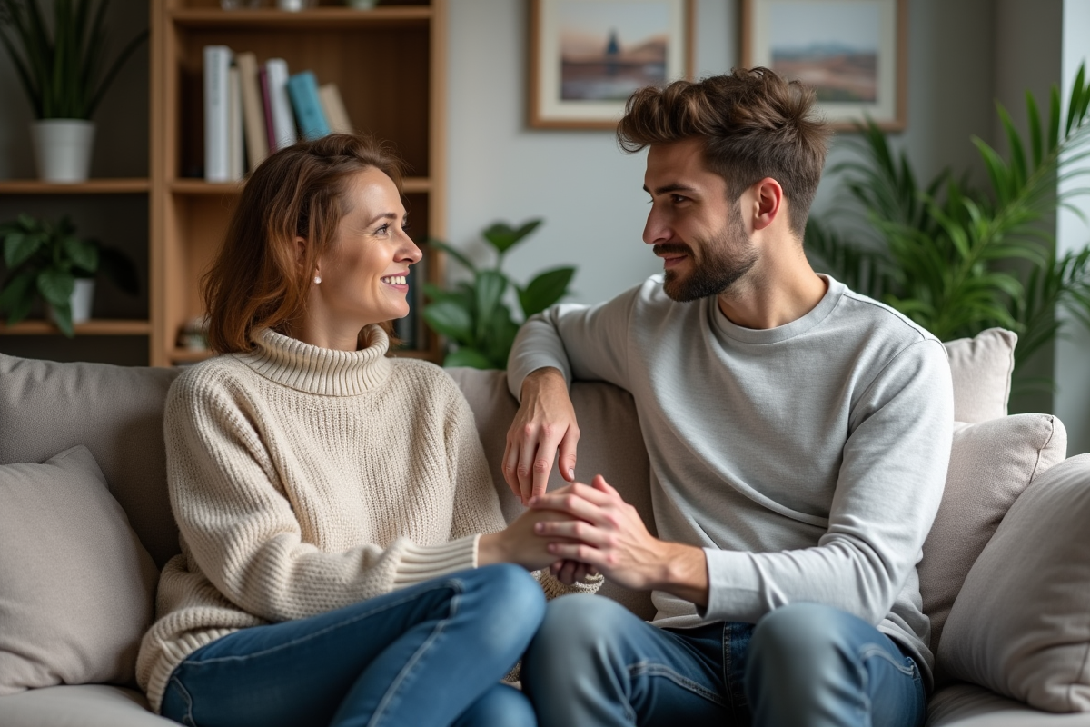 Femme d'âge moyen soutenant un jeune homme dans un salon chaleureux