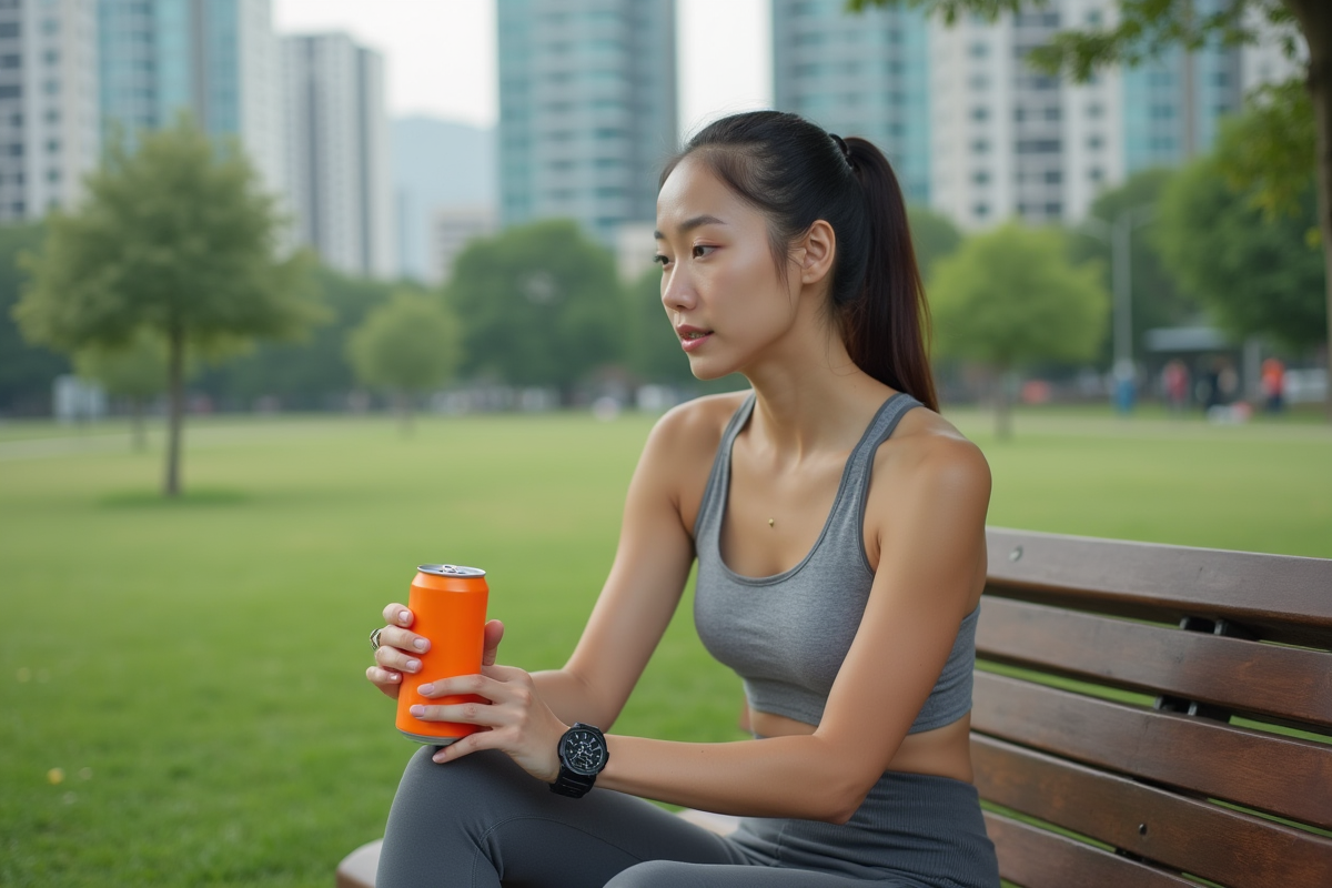 Jeune femme sportive buvant dans un parc urbain en plein air