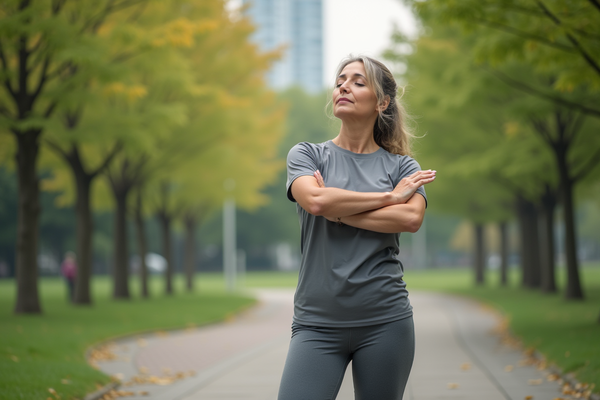 Femme d'âge moyen en tenue de sport dans un parc urbain